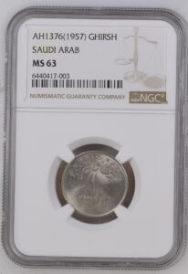 Saudi Arabia 1 Ghirsh AH1376 (1957) KM-40 NGC MS 63 Choice Uncirculated